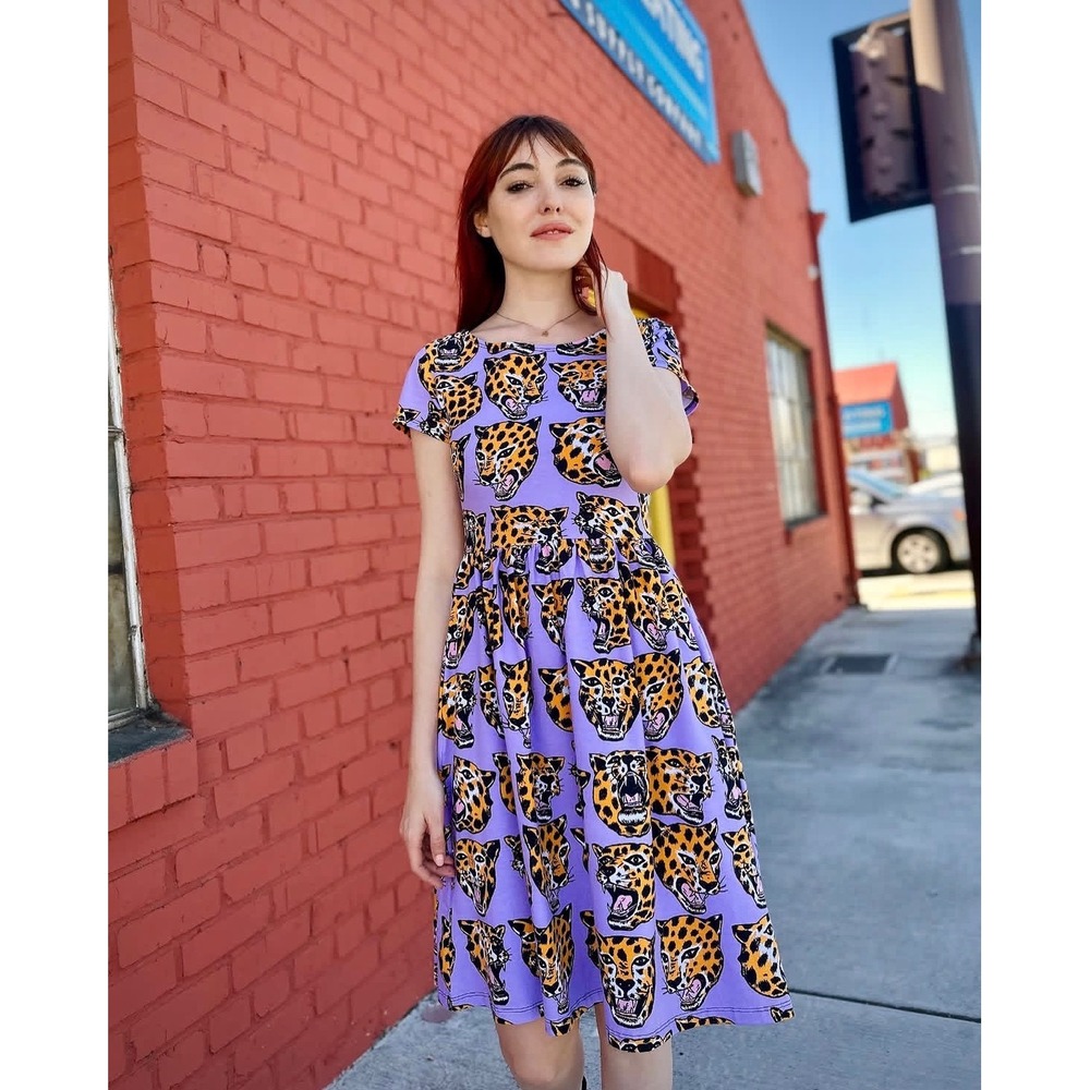 Nooworks Lucy Cheetah Head Face Swing Dress 2X Cotton Purple